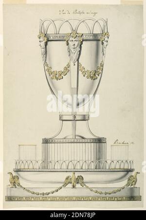 Design per bottiglietta, bicchieri e vassoio, Giovacchino belli, 1756 - 1822, penna e inchiostro nero, pennello e lavaggio grigio, acquerello giallo, grafite su carta crema, rettangolo verticale. Disegno per il refrigerante di bottiglia, i vetri e il vassoio alla parte inferiore, una base con una modanatura e un dado su cui è esposto aquile che sono collegate da festoni. Le aquile sostengono il fondo sferico del vassoio, che ha una ringhiera arcuata. Su di esso si trova un piedistallo scanalato un refrigerante simile a quello raffigurato nel 1938-88-659: Gambe curve con maschere femminili in alto si elevano da una base con un motivo d'onda. Foto Stock