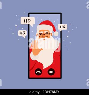 Online congratulation app, Christmas concept illustration. Smartphone with Santa Claus is calling. Flat style illustration Illustrazione Vettoriale