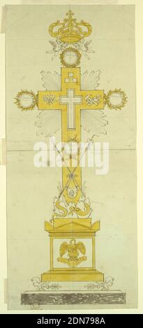 Elevazione di una Croce del Reliquario, Pietro belli, italiano, 1780–1828, penna e inchiostro, pennello e acquerello ocra e nero, grafite su carta, rettangolo verticale. Disegno per un reliquiario, il piedistallo a forma di sarcofago antae, caratterizzato da un pellicano su nuvole e supporti cherubini. Sopra, un serpente si avvolge intorno alla base della croce con una mela nella sua bocca. Sopra, il velo di Veronica è appeso all'immagine del volto di Gesù Cristo. Il bastone di lancia e spugna sono portati davanti alla parte inferiore della croce sopra il panno, il sudario sospeso da loro. Quattro recipienti circolari Foto Stock