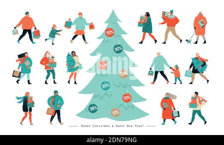Banner for Christmas sale. People going after shopping, tearing off discount coupons from a Xmas tree Illustrazione Vettoriale