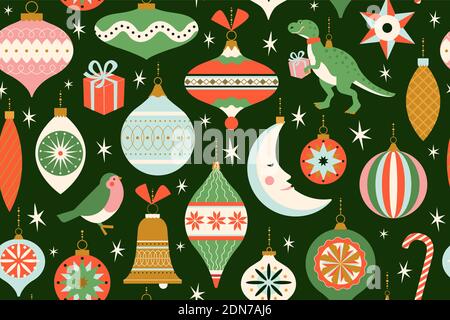 Buon Natale e New Year card con vari giocattoli di Natale e presente in stile retrò metà secolo moderno. Vacanze invernali modello senza giunture ve Illustrazione Vettoriale