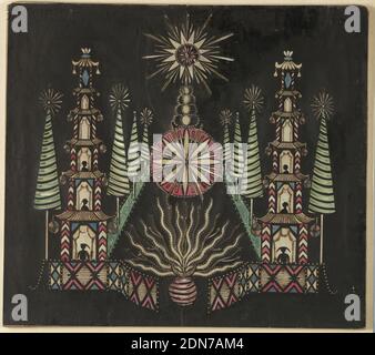 Giardino cinese, carta tagliata su telaio di legno, slide lanterna magica, giocattolo ottico. Su campo nero, pagode appese con lanterne a sinistra e a destra, con figure silhouette in tre piani inferiori. Una stella in alto al centro, una ruota in piano al centro sotto, e in basso al centro una sfera da cui volano fuochi d'artificio a serpentina. Rappresentazione di un giardino, con pini piramidali. Lucidi bianchi, gialli, verdi, blu e rossi, Savoia, Francia, ca. 1780, giocattoli e giochi, slide Lanterna, slide Lanterna Foto Stock