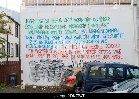 Writen Statements On A Wall About Womens Rights In Three Different Languages Icelandic, German And English On The Side Of A Building In Reykjavik Icel Stock Photo