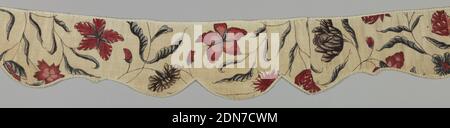 Valance, Medium: Cotone tecnica: dipinta e tinta in modo mordente e tinta in tinta (chintz) su tessitura piana, chintz indiano. Dodici pezzi frammentari cuciti insieme per formare tre completi e parte di una valenza finestra. Disegno di fiori - in stile indiano - in blu e rosso delineato in nero su terreno bianco., Inghilterra, 18 ° secolo, tessuti stampati, tinti e dipinti, Valance Foto Stock