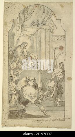L'ultima cena, Francesco Saverio Mergolo, italiano, 1746–1786, pennello e lavaggio, penna e inchiostro su carta, disegni della vista laterale di Gesù nell'ultima cena. Si trova al centro a sinistra di fronte ad un tavolo e circondato dai suoi discepoli sotto un uomo dalla parte posteriore si piega e versa un liquido da una caraffa. Centro a destra: Un uomo esce. Sopra è un lampadario e drappeggi., Italia, 1746–86, figure, disegno Foto Stock