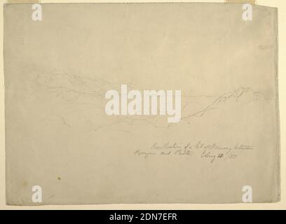 Paesaggio montuoso tra Popayan e Pasto, Colombia, Frederic Edwin Church, americano, 1826–1900, grafite su carta marrone-verde, schizzo orizonale di una catena montuosa. Sottotitolo scritto in matita: 'Ricordo di un po' di scenario/ tra Popayan e Pasto. 13/53', USA, 13 agosto 1853, Paesaggi, disegno Foto Stock