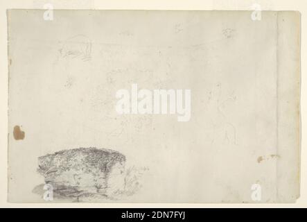 Schizzi di agnelli, alberi e una Casa con uno Studio di un Boulder., Frederic Edwin Church, American, 1826–1900, Black Crayon su carta, recto: Studio orizzontale che mostra nella fila superiore un agnello pascolo visto obliquamente dalla gamba sinistra, una vista di dettaglio e due viste di teste di agnelli; Un grande albero e una casa così come il tronco di un albero in fila centrale; e uno studio in basso a sinistra un masso con crescita su di esso., verso: Visto verticalmente il tronco di una betulla la cui parte superiore è nascosta da un altro albero., USA, settembre 1844, paesaggi, disegno Foto Stock
