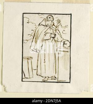 Un santo cappuccino, penna e inchiostro su carta, mostrato in piedi nella sua cella, tenendo un gambo di fiore nella sua mano destra e toccando un cranio con la sua mano sinistra. Incorniciatura della linea d'inchiostro, probabilmente Venezia, Italia, 1710–1810, disegno Foto Stock
