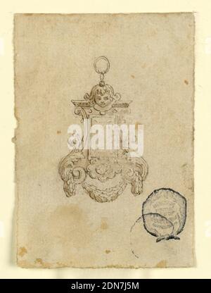 Design per un pendente con volute in foglia e testa del bambino, grafite, penna e inchiostro, pennello e seppia su carta, un diamante oblungo con struttura architettonica. In alto, una maschera e un anello. Sotto, volute, una rosetta e festone., Italia, XVI secolo, gioielli, disegno Foto Stock