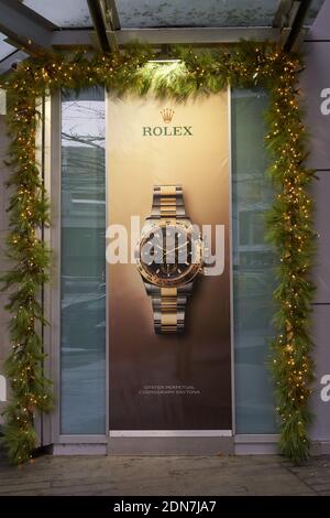 Rolex watch advertisement and Christmas decorations in downtown Vancouver, British Columbia, Canada Stock Photo