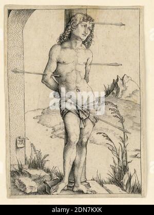 San Sebastiano alla colonna, Albrecht Dürer, tedesco, 1471–1528, incisione su carta, il santo è mostrato a tutta lunghezza, di fronte allo spettatore, la sua figura girò leggermente a destra. È legato alla colonna, le mani legate dietro la schiena. Quattro frecce hanno trafitto il suo corpo. Il monogramma dell'artista appare su una carta che è attaccata ad un albero di pietra, in basso a sinistra., Germania, ca. 1495, religione, Stampa Foto Stock