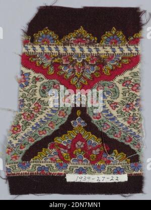 Fragment, Medium: Lana tecnica: Stampato, frammento di bordo con disegni centitionalizzati in rosso, verde, blu, giallo, su terreno marrone., USA, 19 ° secolo, tessuti stampati, tinti e dipinti, frammento Foto Stock