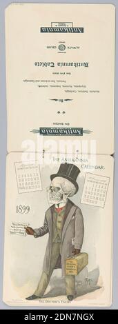 Calendario di Antikamnia, luglio e agosto 1899: L'Enemia del Dottore, Louis Crusius, americano, 1862 - 1898, Louis Crusius, americano, 1862 - 1898, Chromolithograph su carta con rilegatura a corda, luglio e agosto, 1899., New York, New York, USA, 1898, grafica, Calendario, Calendario Foto Stock