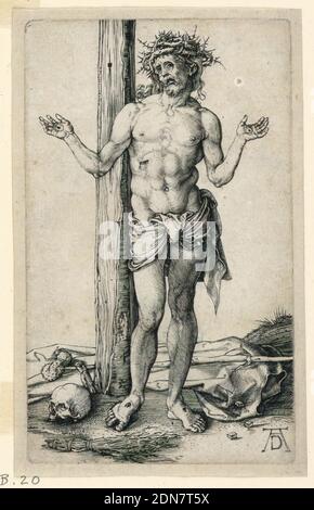 L'uomo dei dolori (con le mani sollevate), Albrecht Dürer, tedesco, 1471–1528, incisione su carta, Cristo è rappresentato ai piedi di un albero (la croce). Le sue braccia si allungano e si alzano, indossando una corona di spine., Germania, ca. 1507, figure, Stampa Foto Stock