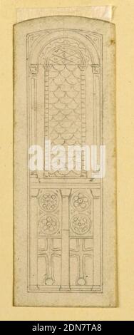 Studio per una finestra della Chiesa, John la Farge, americano, 1835–1910, grafite su carta, progettazione di una finestra della chiesa con un design in scala al centro e pannello doppio sotto, con due rotondoli e croce su ciascun lato., USA, 1890–1900, architettura, interni, disegno Foto Stock