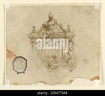 Design per Ciondolo con Donna in casco, grafite, penna e inchiostro, spazzola e seppia su carta, UNA figura femminile che indossa un casco è seduta all'interno di un frontone rotto, su una cesoia. Di seguito, due cifre di termine affiancano una tavoletta centrale. Testa alata sotto., Italia, XVI secolo, gioielli, disegno Foto Stock