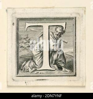 Lettera maiuscola decorata T, Jakob Frey, Svizzera, attiva Italia, 1681 - 1752, Giovanni Passari, Italiano, incisione su carta, lettera T prima dell'inginocchiato San Tommaso che regge il dominio di un falegname., Roma, Italia, ca. 1715, effimera, Stampa Foto Stock