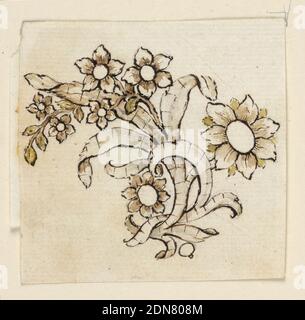 Disegno per un Brooch, penna e inchiostro di seppia, pennello e acquerello di oliva su carta, progettazione di gioielli per una spilla. Un ramo floreale con un nastro intrecciato. Un grande fiore è a destra, più piccoli fiori sulla vite in alto e in basso a sinistra., Italia, metà del XVIII secolo, gioielli, disegno Foto Stock