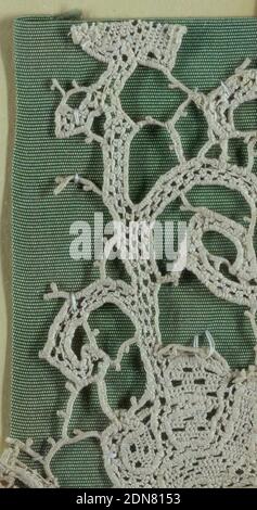 Cooper Union Museum Lace Study Card, Medium: linen Technique: needle lace, Corner fragment of flat lace in a floral design. Fragment is mounted on a fabric-covered board and framed behind glass. Frame is natural wood., Italy, 17th century, lace, Fragment, Fragment Stock Photo