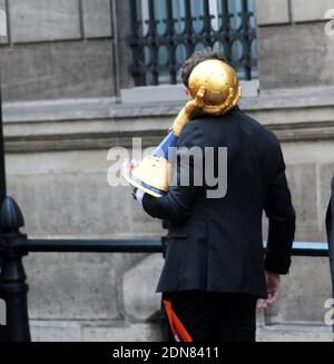 France's Kentin Mahe with the Trophy leaving the celebration Handball French Team World Champion Tittle 2015 at the Palais de l'Elysee in Paris, France, on February 3, 2015. France won the 24th Men's Handball World Championships two days ago and became the first team in handball history to win five world championships when they beat surprise finalists Qatar 25-22. France are now World, European and Olympic champions, emphasising their current dominance of the sport. Photo Alain Apaydin/ABACAPRESS.COM Stock Photo