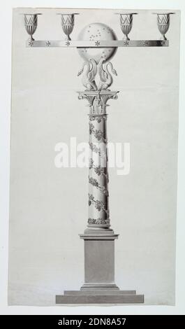 Design for a Candlestick, Joseph Anton Seethaler II, tedesco, 1799–1868, penna e inchiostro, pennello e lavaggio su carta, UNA colonna circondata da una vite si trova su un piedistallo alto ed è sormontata da due cigni che sostengono una sfera stellato. Ad esso è fissato un anello destinato a trasportare sei prese di cui quattro sono mostrate. Angolo in basso a destra: 'N 55;' in inchiostro rossastro, Augusta, Germania, 1825–1835, metallurgia, disegno Foto Stock