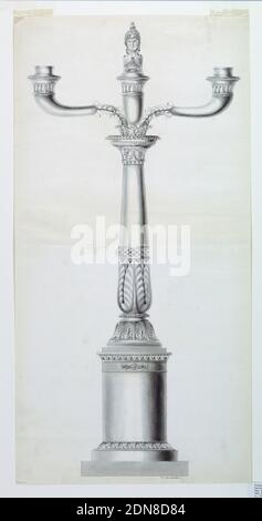 Design per un Candlestick, Joseph Anton Seethaler II, tedesco, 1799–1868, penna e inchiostro, pennello e lavaggio su carta, due rami a forma di corno con prese si diramano dalla parte superiore di una colonna che si trova su un piedistallo rotondo. Un busto di Athena è in cima al centro., Augusta, Germania, 1827–1835, metallurgia, disegno Foto Stock