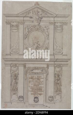 Title Page, parte 9, da un Album di disegni appartenenti a Don Gaspero Méndez de Haro y Guzman, Unknown, inchiostro penna e marrone, pennello e lavaggio blu-grigio e marrone, gesso nero su carta marrone pesante, disegno architettonico foderato, in formato verticale. Due storie, quella inferiore con i pilasters di ordine dorico, quella superiore con i pilasters di ordine ionico. Il telaio della porta mostra un frontone rotto con una cesoia al centro, con un cranio alato sulla parte superiore. Lateralmente ci sono nicchie che mostrano statue DI MORTE davanti ai trofei, quella sinistra che si riferisce al potere mondano, quella destra all'ecclesiastico Foto Stock