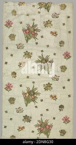 Textile, Medium: silk and metallic thread Technique: warp-oriented plain weave pattern by continuous and discontinuous supplementary wefts, Fragments show curling ribbons patterned with flowers supporting large bunches of flowers in bright colors and gold on a background of tiny white dots and widely spaced gold blossoms., Spitalfields, England, 1700–1750, woven textiles, Textile Stock Photo