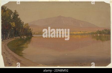 Mt. Katahdin da Togue Pond, Frederic Edwin Church, americano, 1826–1900, olio su cartone, le coste del Togue Pond sono mostrate a sinistra e sul retro. Autunno. In centro, Baxter Peak, con Pomola, a destra. Guardando verso nord-ovest., USA, 1878, paesaggi, disegno Foto Stock