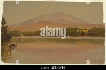 Mt. Katahdin da Togue Pond, Frederic Edwin Church, americano, 1826–1900, grafite, olio su cartone, la barca sull'acqua, parti della riva sono mostrati nello studio; paesaggio autunnale. Scritto in grafite, in basso a sinistra: Lago Togue superiore. Guardando verso nord-ovest, altopiano a sinistra., USA, 1875–80, paesaggi, disegno Foto Stock