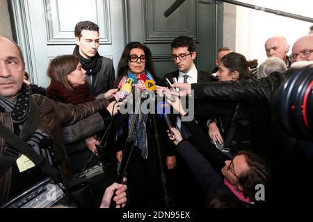 Francoise Bettencourt-Meyers, figlia di Liliane Bettencourt e dei suoi figli Nicolas Meyers (indossando gli occhiali) e Jean-Victor Meyers, parlano a corte per il quinto giorno del cosiddetto processo Bettencourt, accusando 10 persone vicino all'erede Liliane Bettencourt di sfruttare la sua demenza, a Bordeaux, nella Francia sudoccidentale, il 30 gennaio 2015. Foto di Patrick Bernard /ABACAPRESS.COM Foto Stock