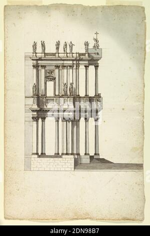 Copia del Concorso Design di Vanvitelli per la facciata di S. Giovanni in Laterano, Luigi Vanvitelli, italiano, 1700 – 1773, penna e inchiostro nero, pennello e lavaggio grigio su grafite su carta in foglio, gradini portano al colonnato. Al piano superiore è situata una loggia chiusa da un muro con una finestra nella parte posteriore. Molte colonne, pilasters e statue sono utilizzati come decorazioni. Una figura accovacciata contiene una chiave nell'angolo destro del dado del piano superiore., Italia, 1763, dopo un disegno del 1732, architettura, disegno Foto Stock