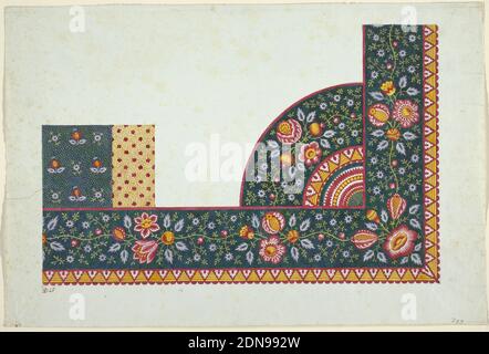 Drawing, Louis-Albert DuBois, Swiss, 1752–1818, Fabrique de Fazy aux Bergues, Graphite, brush and gouache on laid paper, Corner border design, red, yellow and white flowers with violet leaves on dark green background. Scalloped red edge on right and lower borders., Geneva, Switzerland, ca. 1801, textile designs, Drawing Stock Photo