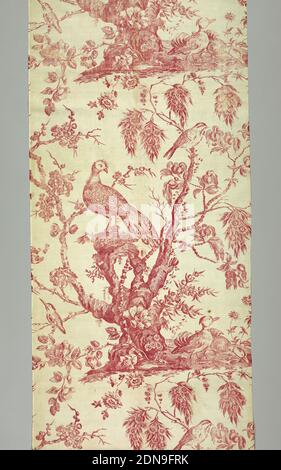 Textile, Medium: cotton Technique: copperplate printed on plain weave, Printed textile from Bromley Hall with nearly two repeats of a flowering tree stump with two birds in it with a pair of ducks on the ground. Red on white ground., England, ca. 1775, printed, dyed & painted textiles, Textile Stock Photo