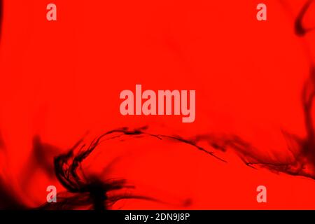 Abstract black alcrylic ink in water on red background.Fantasy chaotic colorful fractal pattern. Foto Stock