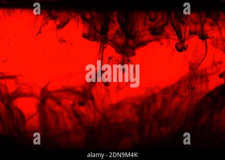 Abstract black alcrylic ink in water on red background.Fantasy chaotic colorful fractal pattern. Foto Stock