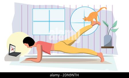 Stay home and do yoga online. Woman watching training education on laptop in home. Editable vector illustration Illustrazione Vettoriale