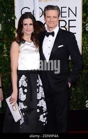 File photo - Colin Firth (R) e il produttore Livia Giuggioli in arrivo al 72esimo Golden Globe Awards tenutosi al Beverly Hilton di Beverly Hills, Los Angeles, CA, USA, 11 gennaio 2015. Foto di Lionel Hahn/ABACAPRESS.COM Foto Stock