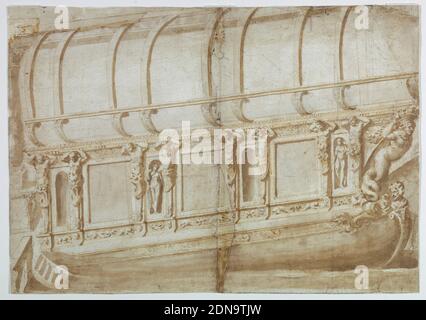 Nave, penna e inchiostro marrone, lavaggio marrone supporto: Carta bianca, deformato, Genova, Italia, Italia, ca. 1600, disegno Foto Stock