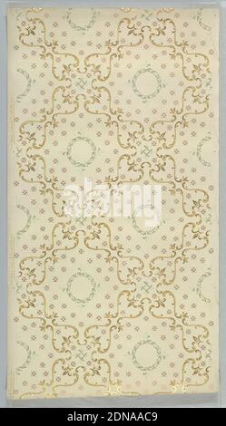 Carta da soffitto, York Card & Paper Co., 1891, carta stampata a macchina, corona fogliata all'interno della struttura ogivale. Stampato in verde, marrone, oro metallico e rame metallico su terra marrone., York, Pennsylvania, USA, 1905–1915, Wallcoverings, carta da soffitto Foto Stock