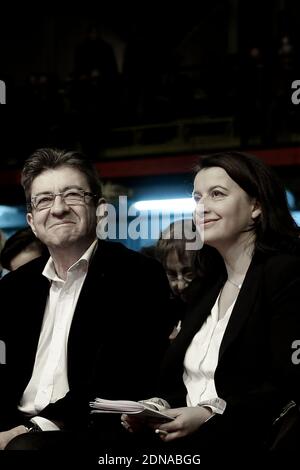 French left-wing party 'Parti de Gauche' co-president Jean-Luc Melenchon, Former French Minister for Equality of Territories and Housing, Ecologist Cecile Duflot take part to a meeting of support to support the Greeks of Syriza in Paris, France, on January 19, 2015. Photo by Stephane Lemouton/ABACAPRESS.COM Stock Photo