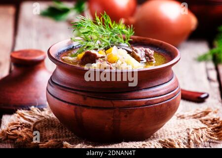 Zuppa con funghi, manzo e orzo, pentole di argilla, sfondo di legno d'annata, fuoco selettivo Foto Stock