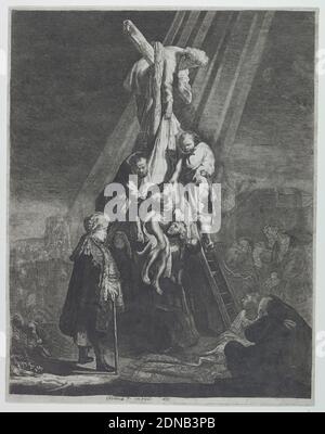 La discesa dalla Croce, Rembrandt Harmensz van Rijn, olandese, 1606–1669, incisione su carta, raggi di luce gettano il gruppo centrale, che rappresenta la figura di Cristo rimosso dalla Croce, in forte sollievo. Altre figure in primo piano, a destra; sfondo, a sinistra. Lo spettatore, a sinistra, indossa una cuffia ricamata riccamente e un turbante orientale (probabilmente Giuseppe d'Arimatea)., Olanda, 1633, figure, Stampa Foto Stock