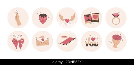 San Valentino, 14 febbraio, amore, matrimonio. Evidenzia copertine, post e storie per i social media. Badge rotondi in beige, rosa e marrone Illustrazione Vettoriale