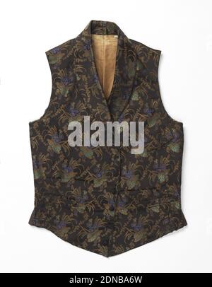 Waistcoat, Medium: silk, cotton or linen lining Technique: compound weave, Gentleman's waistcoat in black with flower clusters and trailing vines in tan, royal blue and pale green., 19th century, costume & accessories, Waistcoat Stock Photo