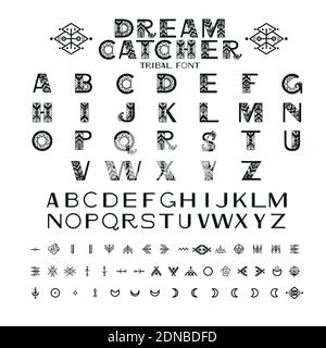 Alfabeto tribale e ornamenti. Lettere e simboli in stile etnico geometrico. Aztec e nativo americano tessuto stile. Illustrazione vettoriale Illustrazione Vettoriale