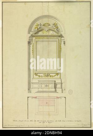 Progetto per un altare dell'Annunciazione per S. Antonio dell'Ospedale in Anagni, Giuseppe Subleyras, italiano, 1745 – 1819, matita, penna e inchiostro nero con lavaggi a colori rosa, giallo e nero su carta, Roma, Italia, 1780, architettura, disegno Foto Stock