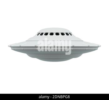 Oggetto volante non identificato su sfondo bianco. UFO con tracciato di ritaglio incluso. Illustrazione 3D. Foto Stock