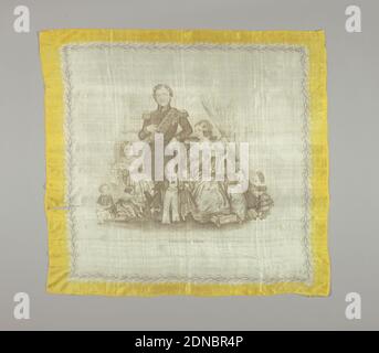 England's Hope, Medium: silk Technique: printed by engraved plate on plain weave, Silk scarf with a family portrait of Queen Victoria, Prince Albert, and eight of their nine children. Yellow border., England, ca. 1855, printed, dyed & painted textiles, Scarf, Scarf Stock Photo