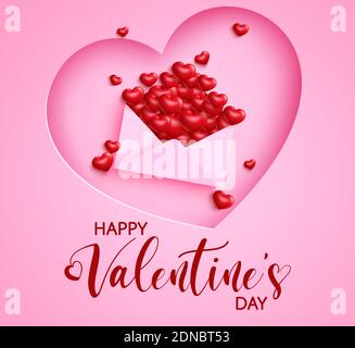 Disegno di sfondo del vettore di lettera d'amore di San Valentino. Buon testo del giorno valentino con busta romantica d'amore e cuore 3d elemento per San Valentino. Illustrazione Vettoriale